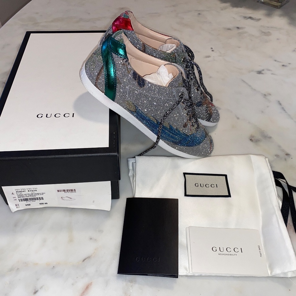 Gucci Limited Edition Sparkle Sneakers with Blue Jay and Red Canary birds